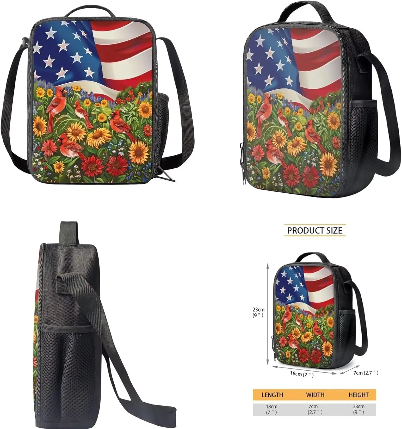 American Flag Bird Sunflower Backpack Bookbag Lunch Box Set with Pencil Case 3 In 1 Kids Elementary School Bags Daypack Travel Bagpack