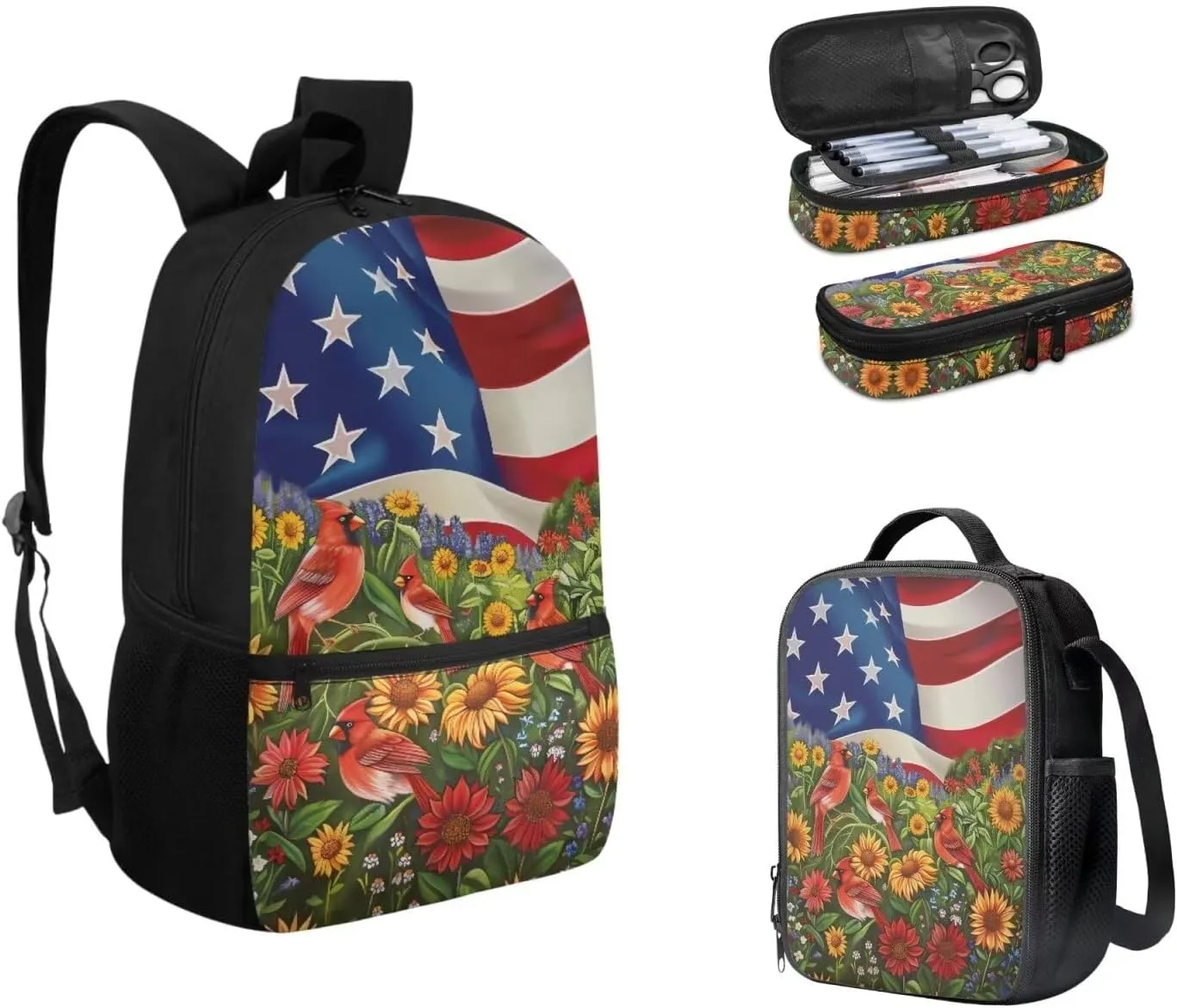 American Flag Bird Sunflower Backpack Bookbag Lunch Box Set with Pencil Case 3 In 1 Kids Elementary School Bags Daypack Travel Bagpack