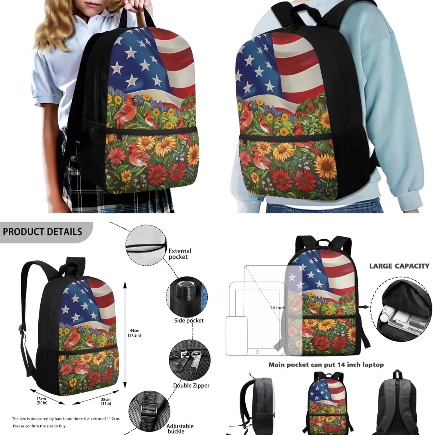 American Flag Bird Sunflower Backpack Bookbag Lunch Box Set with Pencil Case 3 In 1 Kids Elementary School Bags Daypack Travel Bagpack