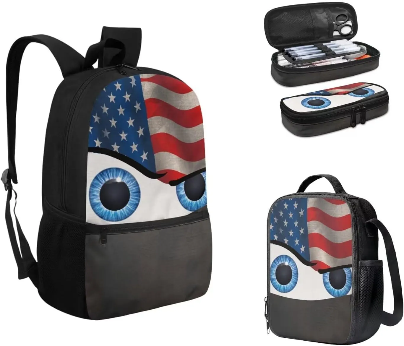 American Flag Cartoon Eyes Backpack for Toddler Kids Elementary Cute Backpack School Bag with Lunch Box Bag Pencil Case Set for Kindergarten/Preschool School Bookbag Bagpack