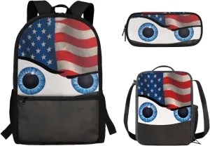 American Flag Cartoon Eyes Backpack for Toddler Kids Elementary Cute Backpack School Bag with Lunch Box Bag Pencil Case Set for Kindergarten/Preschool School Bookbag Bagpack