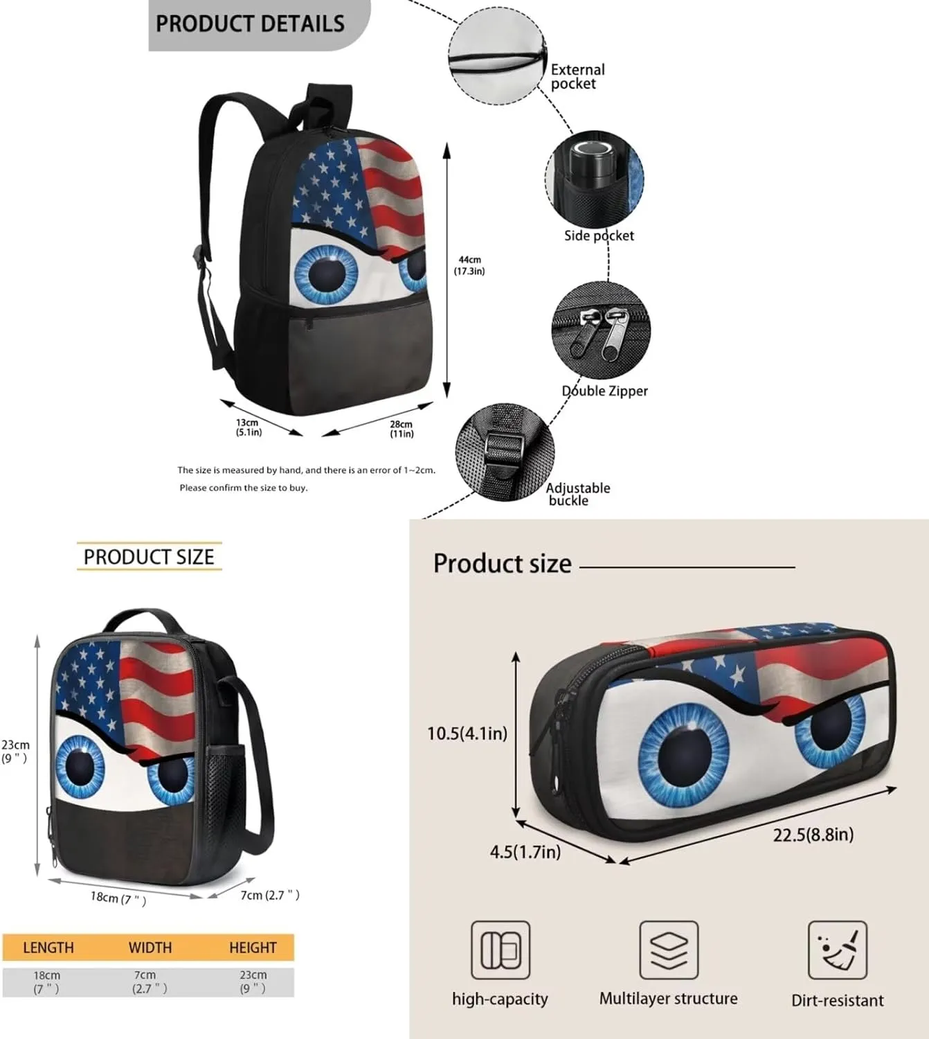 American Flag Cartoon Eyes Backpack for Toddler Kids Elementary Cute Backpack School Bag with Lunch Box Bag Pencil Case Set for Kindergarten/Preschool School Bookbag Bagpack