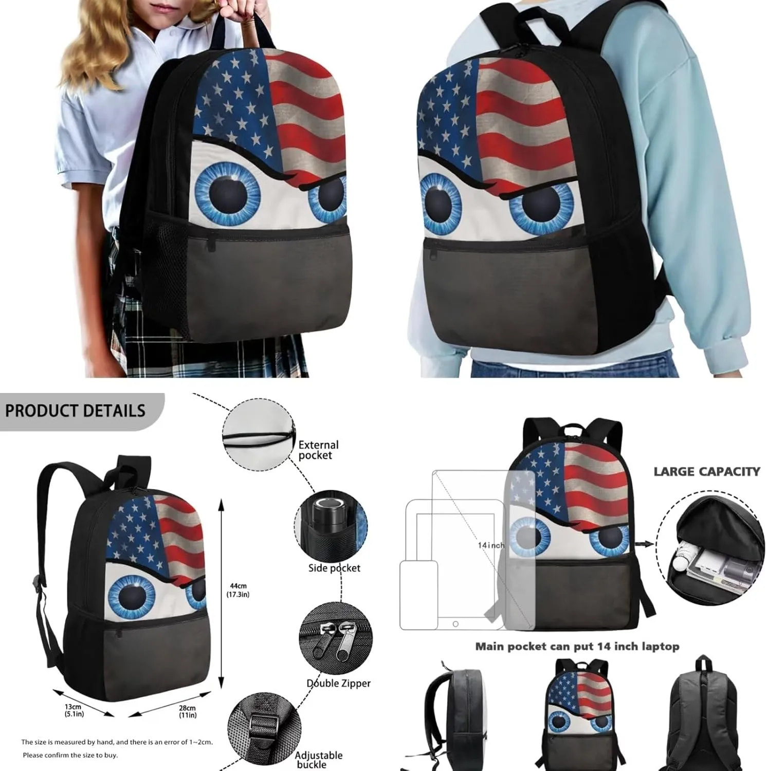 American Flag Cartoon Eyes Backpack for Toddler Kids Elementary Cute Backpack School Bag with Lunch Box Bag Pencil Case Set for Kindergarten/Preschool School Bookbag Bagpack