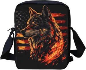 American Flag Crossbody Bag for Travel Wolf Mens Small Messenger Bag Lightweight Shoulder Bag Canvas Purse Wallet Organizer