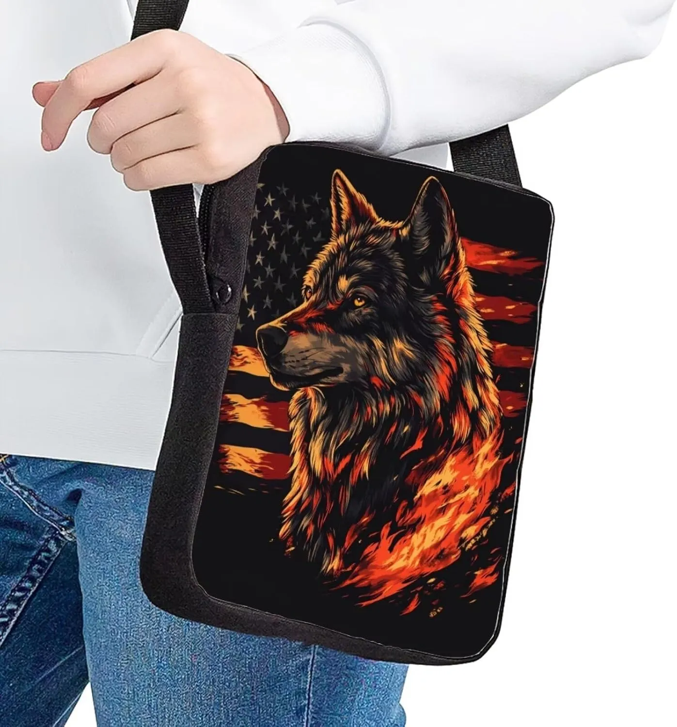 American Flag Crossbody Bag for Travel Wolf Mens Small Messenger Bag Lightweight Shoulder Bag Canvas Purse Wallet Organizer