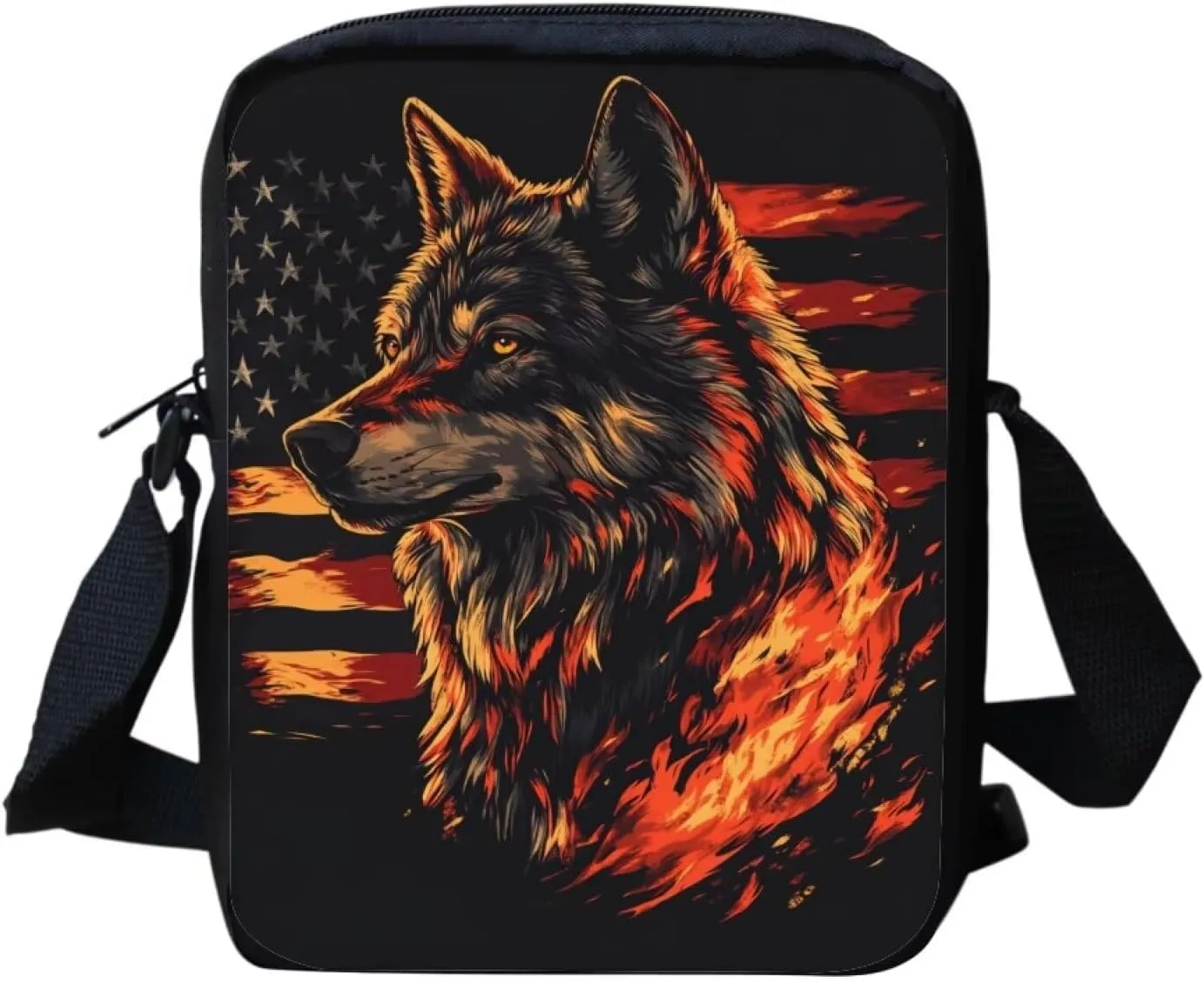American Flag Crossbody Bag for Travel Wolf Mens Small Messenger Bag Lightweight Shoulder Bag Canvas Purse Wallet Organizer