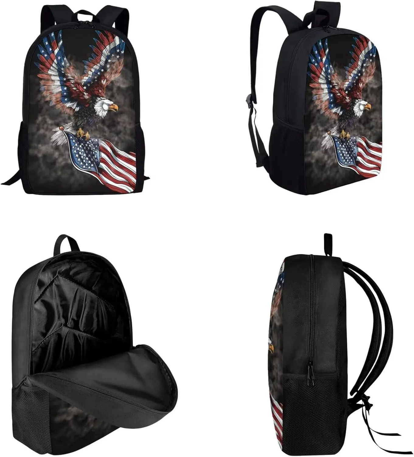 American Flag Eagle Pattern Kids Book Bag Set 3 In 1, 17 Inch Travel Backpack Rucksack Lunch Bags Pencil Case for Women Men