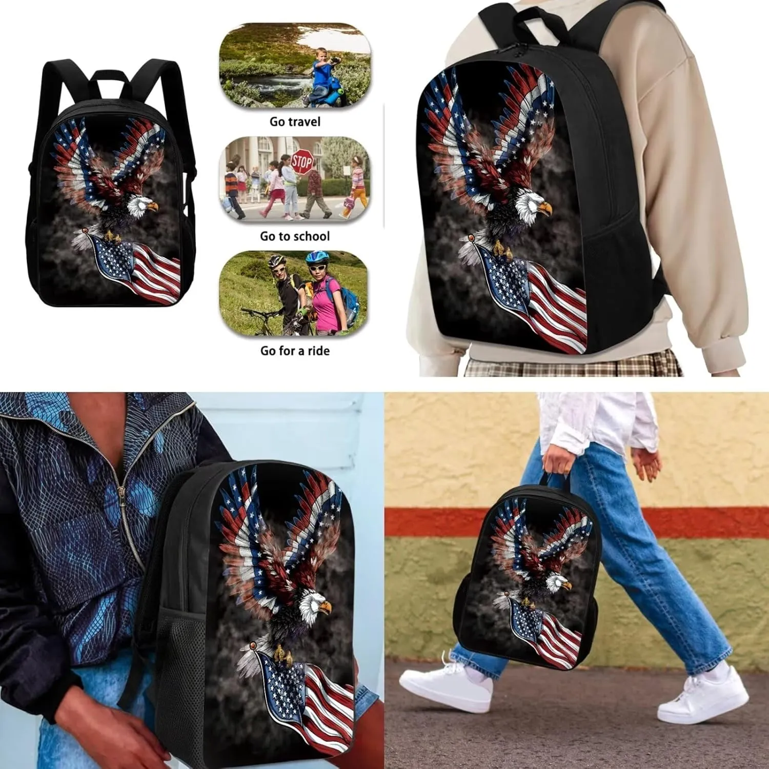 American Flag Eagle Pattern Kids Book Bag Set 3 In 1, 17 Inch Travel Backpack Rucksack Lunch Bags Pencil Case for Women Men