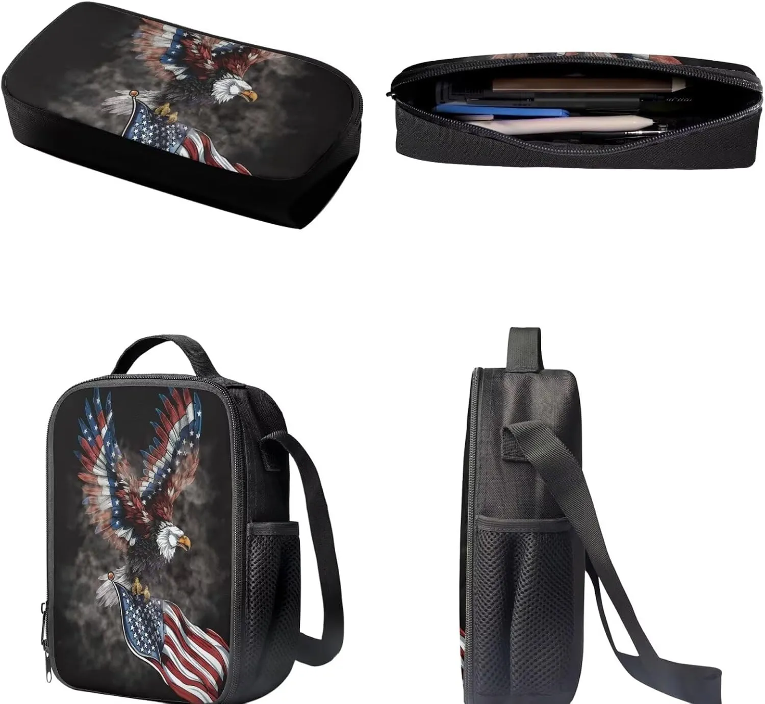American Flag Eagle Pattern Kids Book Bag Set 3 In 1, 17 Inch Travel Backpack Rucksack Lunch Bags Pencil Case for Women Men