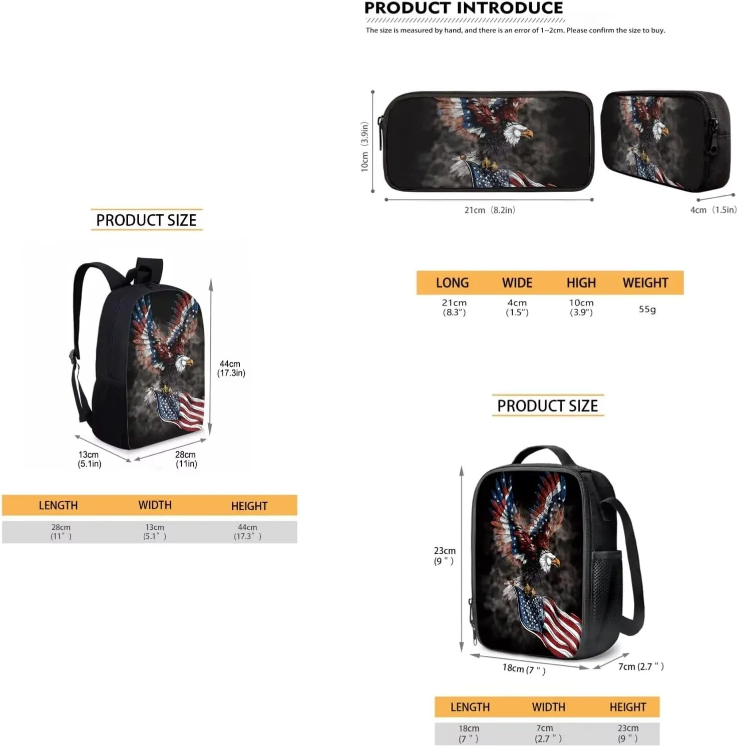 American Flag Eagle Pattern Kids Book Bag Set 3 In 1, 17 Inch Travel Backpack Rucksack Lunch Bags Pencil Case for Women Men