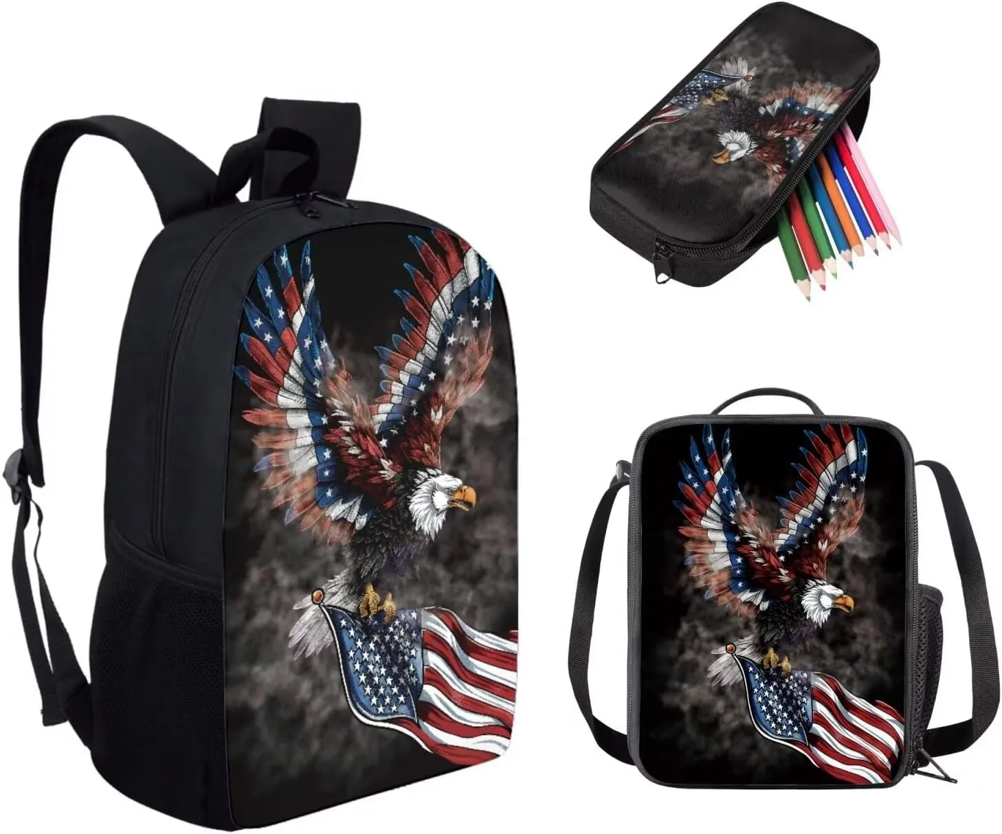 American Flag Eagle Pattern Kids Book Bag Set 3 In 1, 17 Inch Travel Backpack Rucksack Lunch Bags Pencil Case for Women Men
