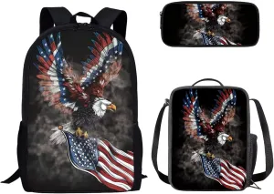 American Flag Eagle Pattern Kids Book Bag Set 3 In 1, 17 Inch Travel Backpack Rucksack Lunch Bags Pencil Case for Women Men