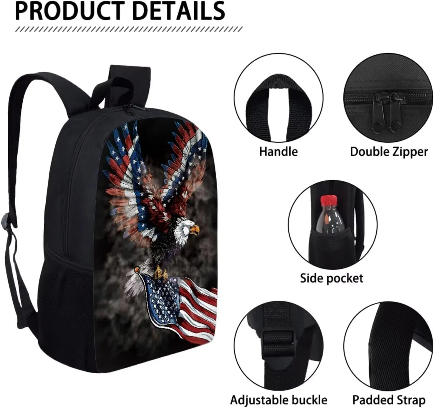American Flag Eagle Pattern Kids Book Bag Set 3 In 1, 17 Inch Travel Backpack Rucksack Lunch Bags Pencil Case for Women Men