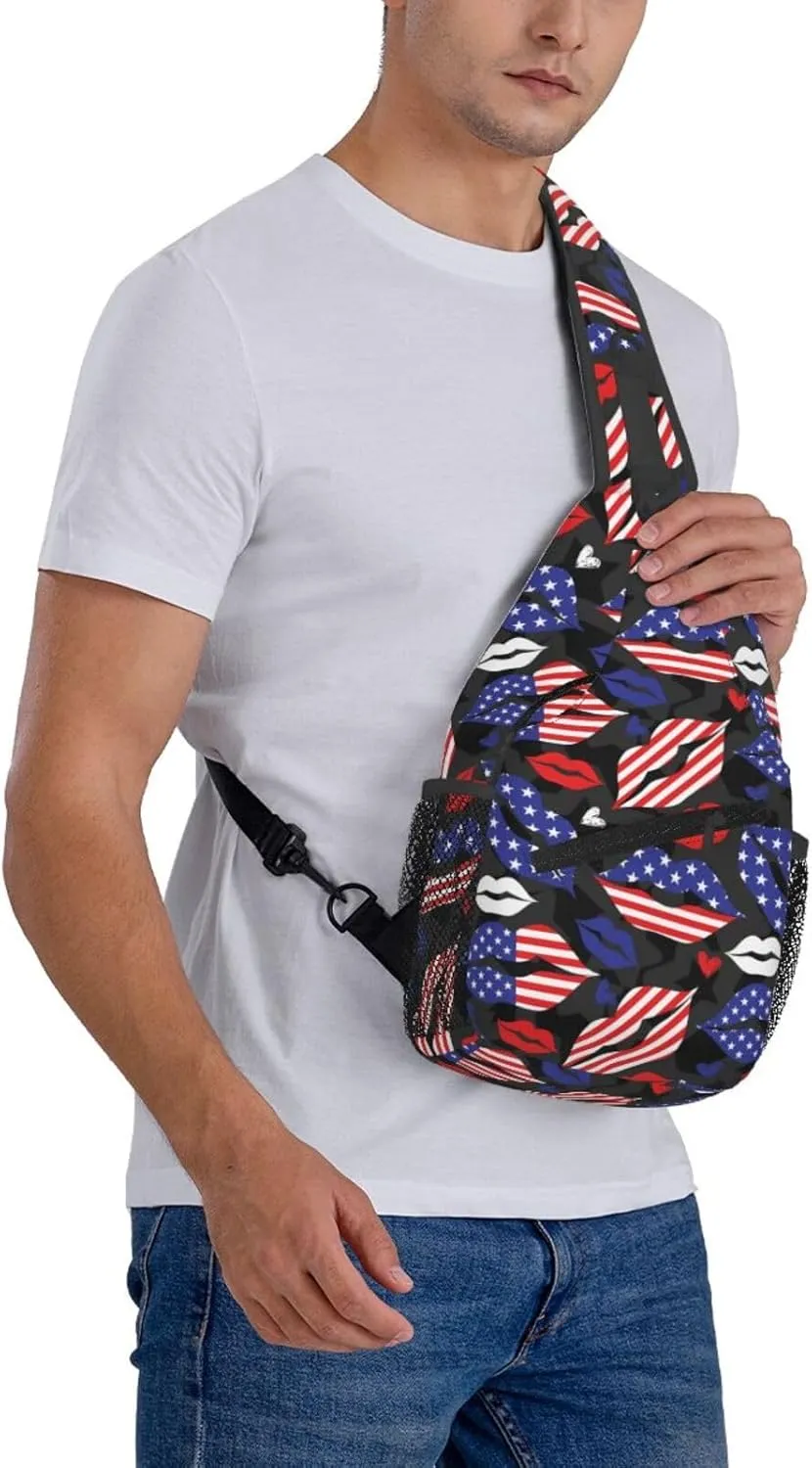 American Flag Lip Sling Backpack For Men Women Chest Bag Crossbody Shoulder Bag Gym Cycling Travel Hiking Daypack