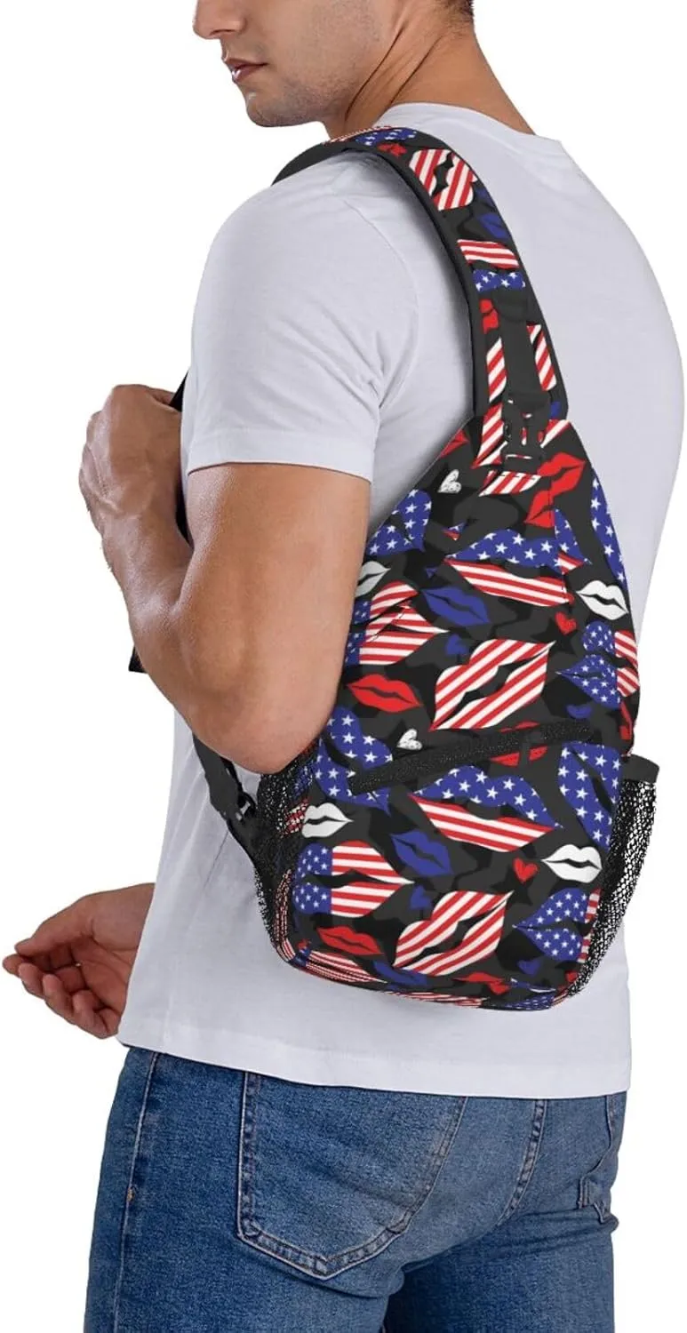 American Flag Lip Sling Backpack For Men Women Chest Bag Crossbody Shoulder Bag Gym Cycling Travel Hiking Daypack
