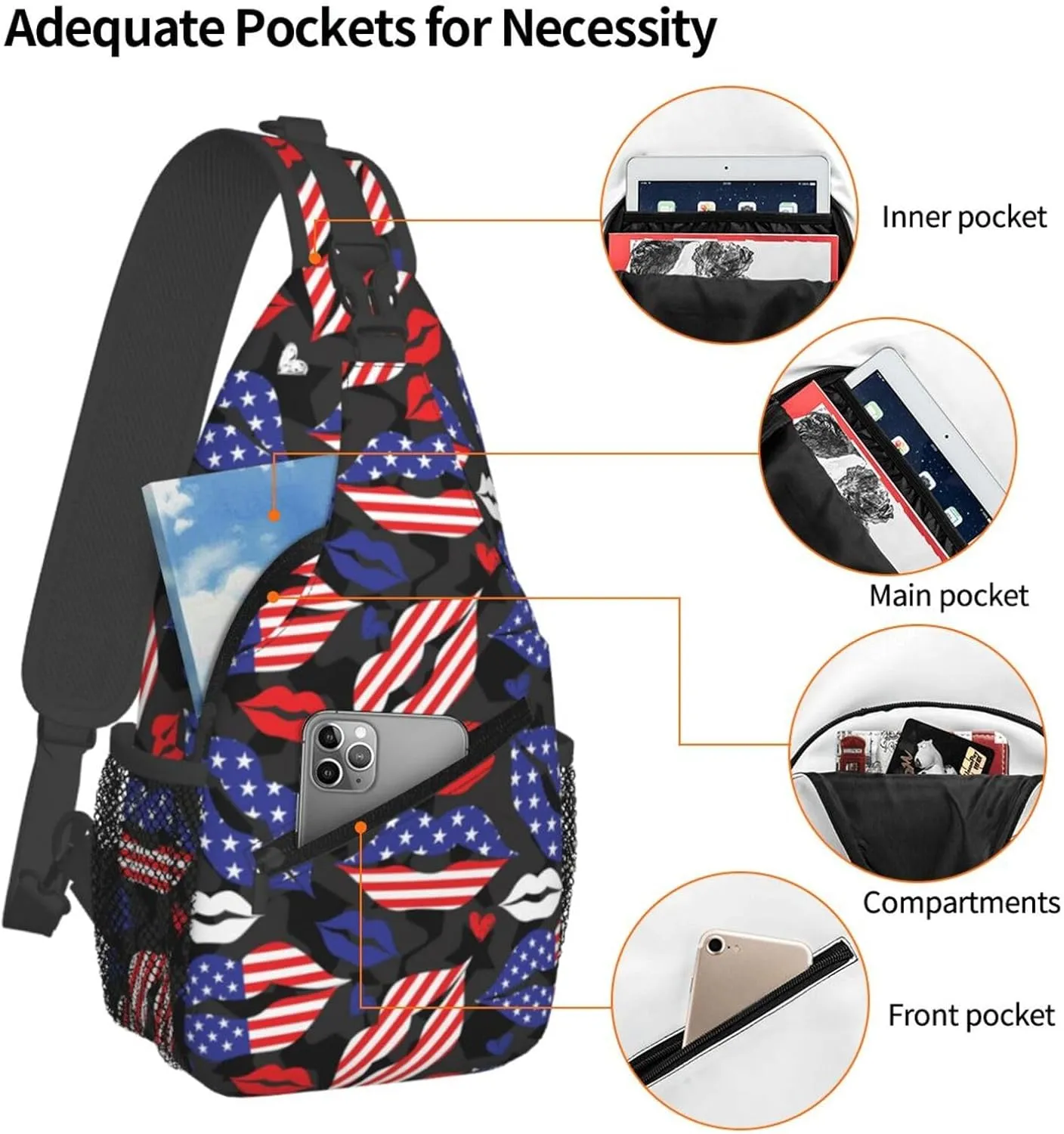 American Flag Lip Sling Backpack For Men Women Chest Bag Crossbody Shoulder Bag Gym Cycling Travel Hiking Daypack