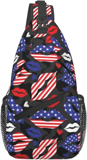 American Flag Lip Sling Backpack For Men Women Chest Bag Crossbody Shoulder Bag Gym Cycling Travel Hiking Daypack