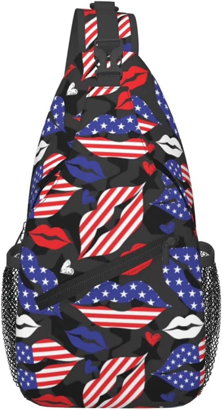 American Flag Lip Sling Backpack For Men Women Chest Bag Crossbody Shoulder Bag Gym Cycling Travel Hiking Daypack