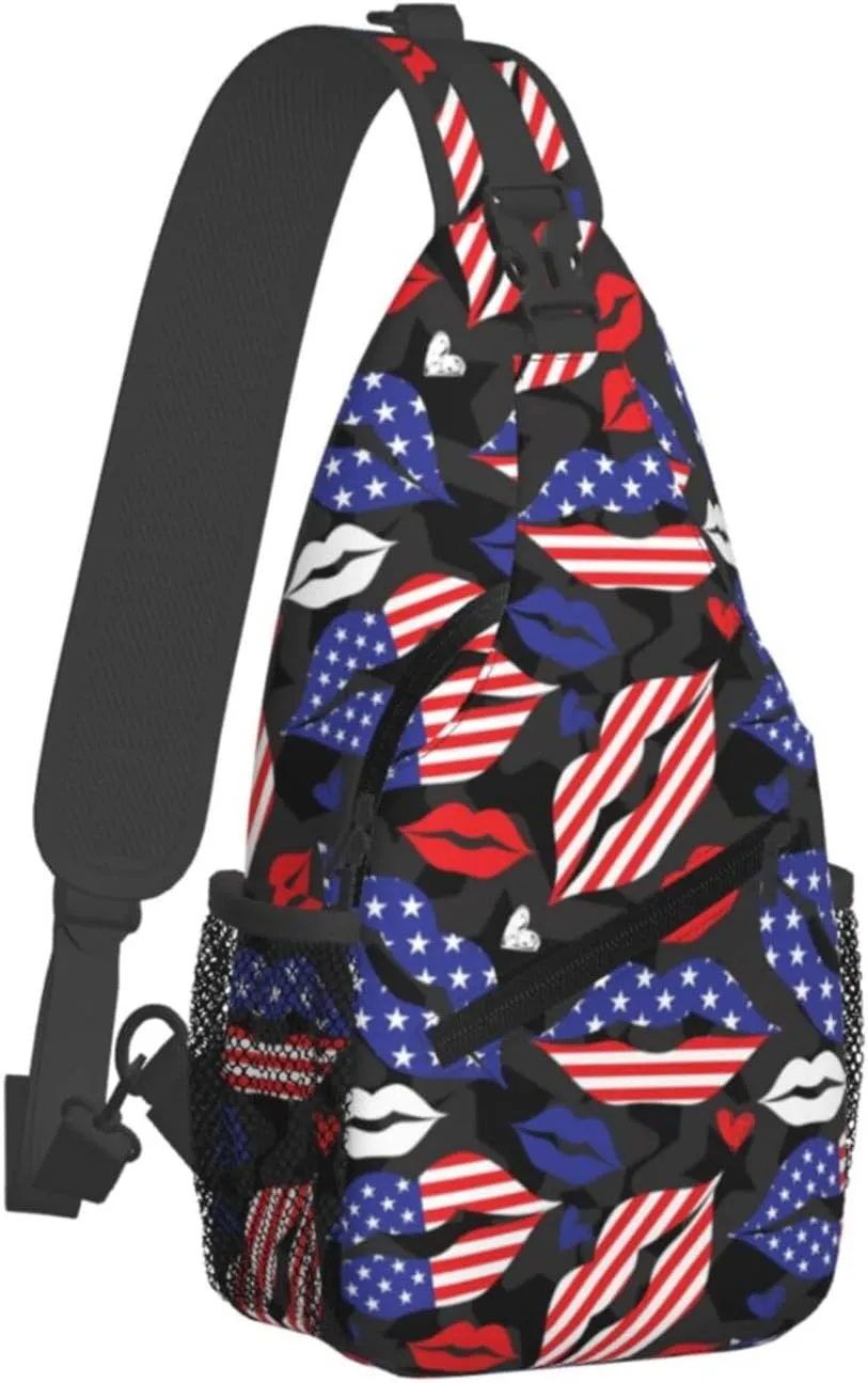 American Flag Lip Sling Backpack For Men Women Chest Bag Crossbody Shoulder Bag Gym Cycling Travel Hiking Daypack