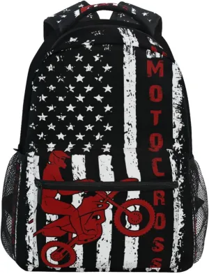 American Flag Motorcycle Backpack Dirt Bike School Bookbag College Shoulder Bag Travel Hiking Camping Daypack for Women Girls Men Boys