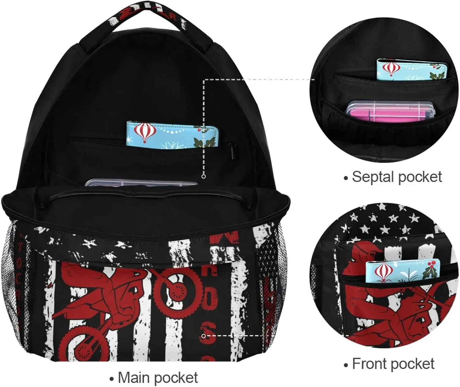 American Flag Motorcycle Backpack Dirt Bike School Bookbag College Shoulder Bag Travel Hiking Camping Daypack for Women Girls Men Boys