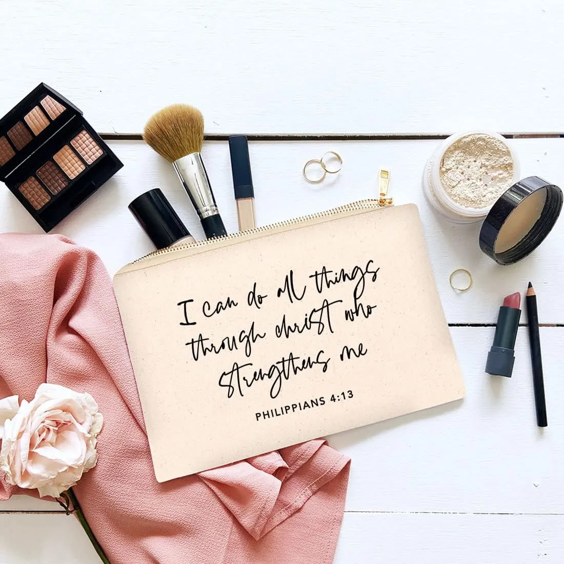 Andaz Press Funny Makeup Bag Canvas Cosmetic Bag I Can Do All Things Through Christ Who Strengthens Me Makeup Pouch For Purse Travel Pouch Funny Pencil Bag Cute Birthday Gifts for Women 6.5 x 9 Inch