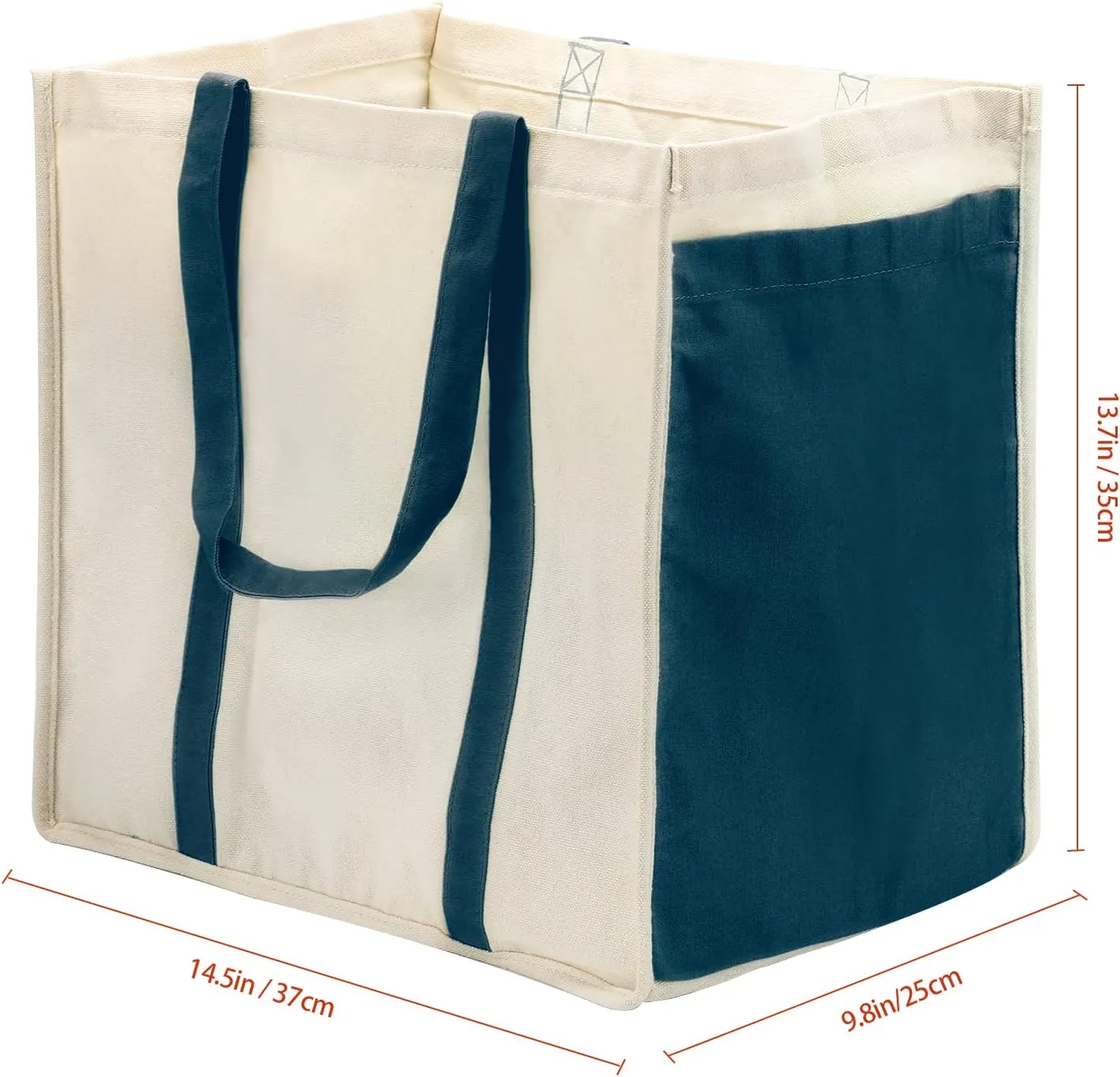 Anleo Heavy Duty Reusable Cotton Canvas Grocery Tote Bags with Side Pockets, Large Utility Bag for Shopping, Beach, Picnic