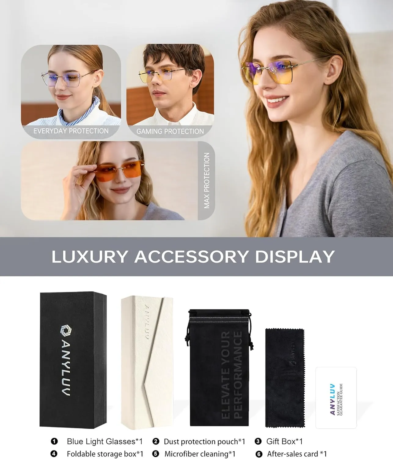 ANYLUV Rimless Blue Light Glasses for Woman, Anti Eyestrain Computer Reading Glasses, Stylish Blue Light Blocking Glasses