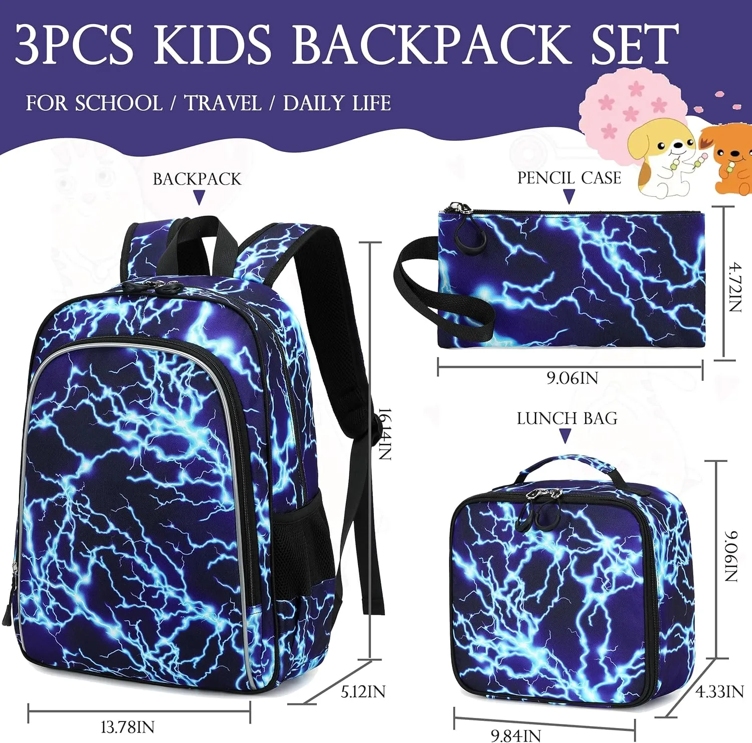 AO ALI VICTORY 3 Piece Backpack Set for Girls Boys, Kids 15.6" School Laptop Bag,Girl Bookbag Kindergarten Elementary Toddler Backpacks with Lunch Box Pencil Case for Teens Student,Blue Lightning