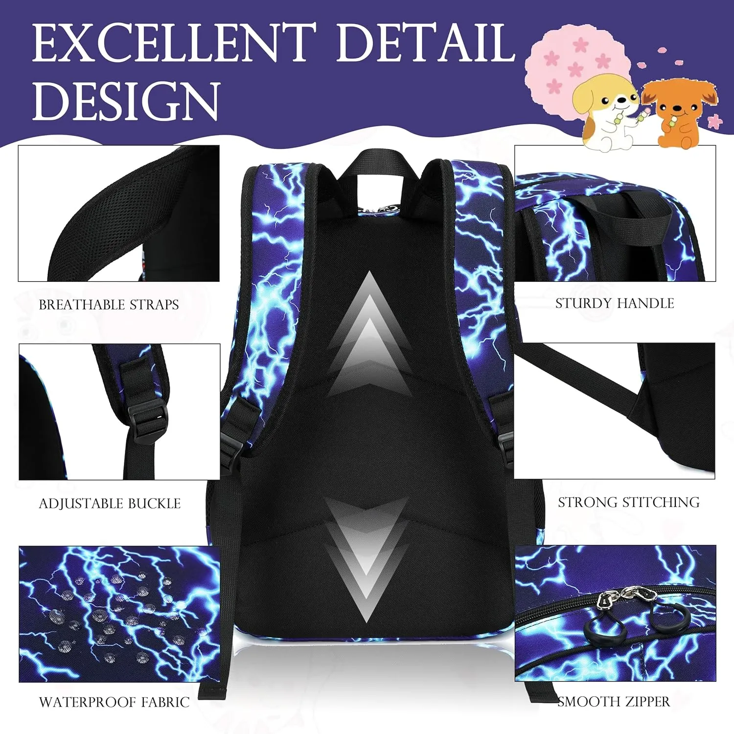 AO ALI VICTORY 3 Piece Backpack Set for Girls Boys, Kids 15.6" School Laptop Bag,Girl Bookbag Kindergarten Elementary Toddler Backpacks with Lunch Box Pencil Case for Teens Student,Blue Lightning