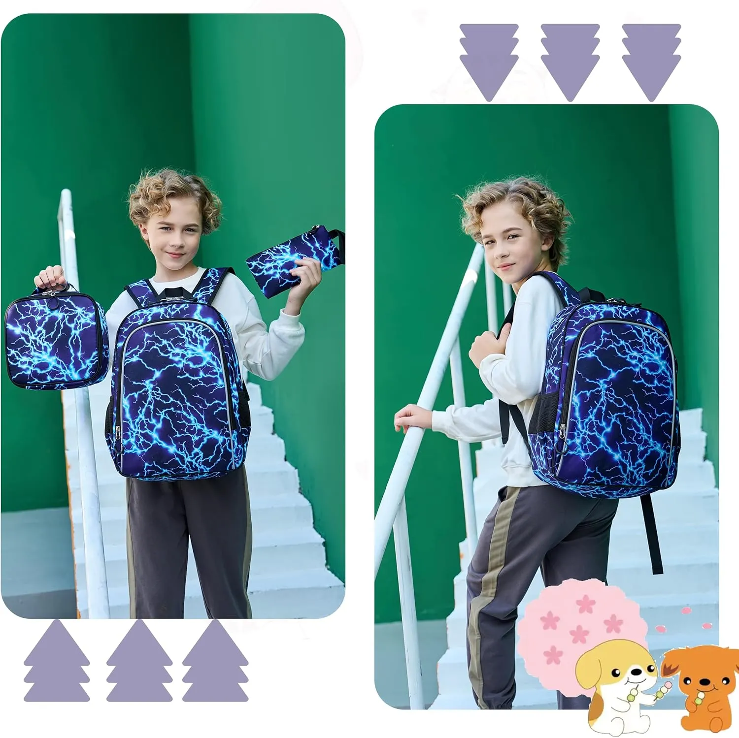 AO ALI VICTORY 3 Piece Backpack Set for Girls Boys, Kids 15.6" School Laptop Bag,Girl Bookbag Kindergarten Elementary Toddler Backpacks with Lunch Box Pencil Case for Teens Student,Blue Lightning