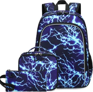 AO ALI VICTORY 3 Piece Backpack Set for Girls Boys, Kids 15.6" School Laptop Bag,Girl Bookbag Kindergarten Elementary Toddler Backpacks with Lunch Box Pencil Case for Teens Student,Blue Lightning