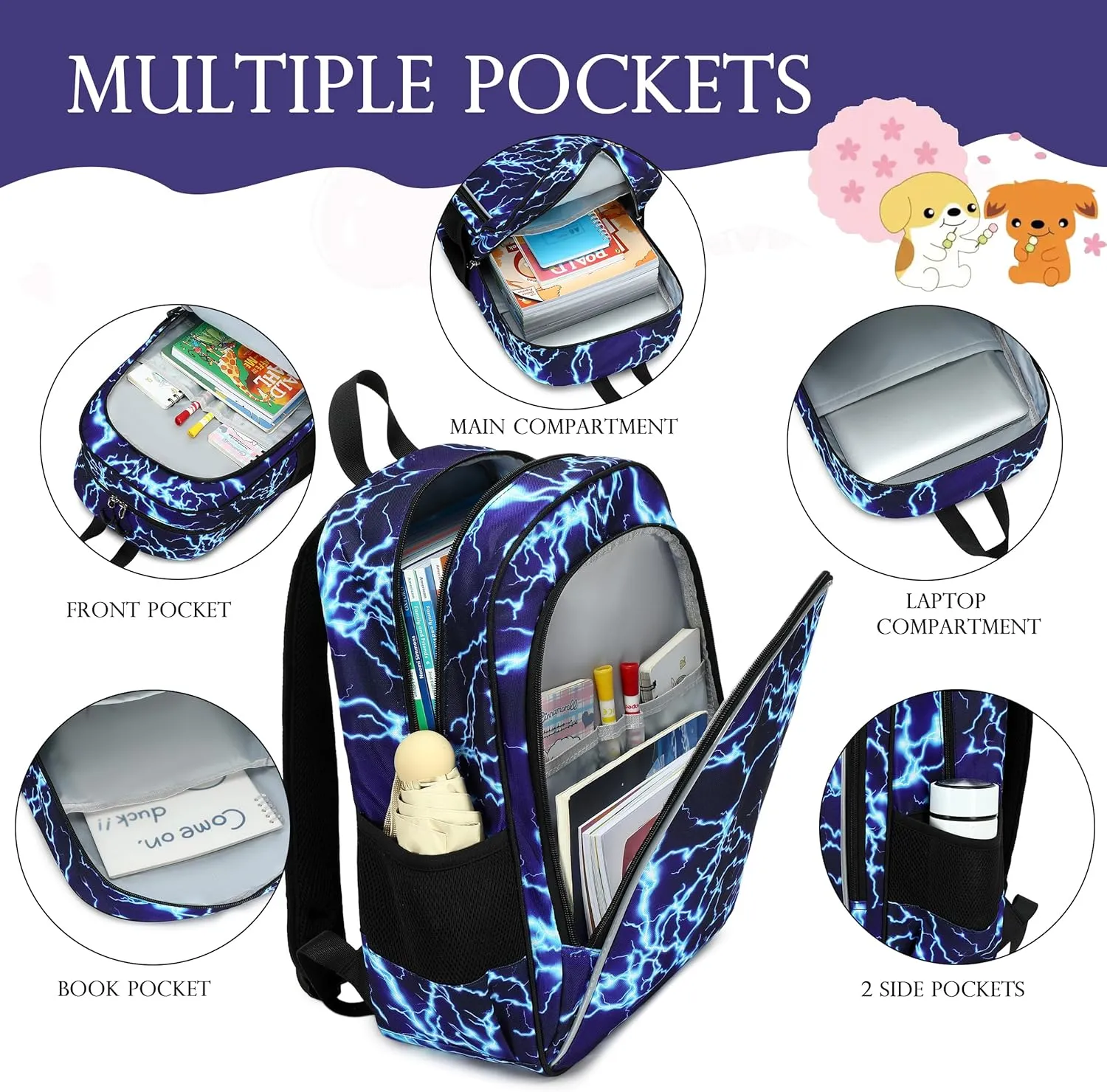 AO ALI VICTORY 3 Piece Backpack Set for Girls Boys, Kids 15.6" School Laptop Bag,Girl Bookbag Kindergarten Elementary Toddler Backpacks with Lunch Box Pencil Case for Teens Student,Blue Lightning