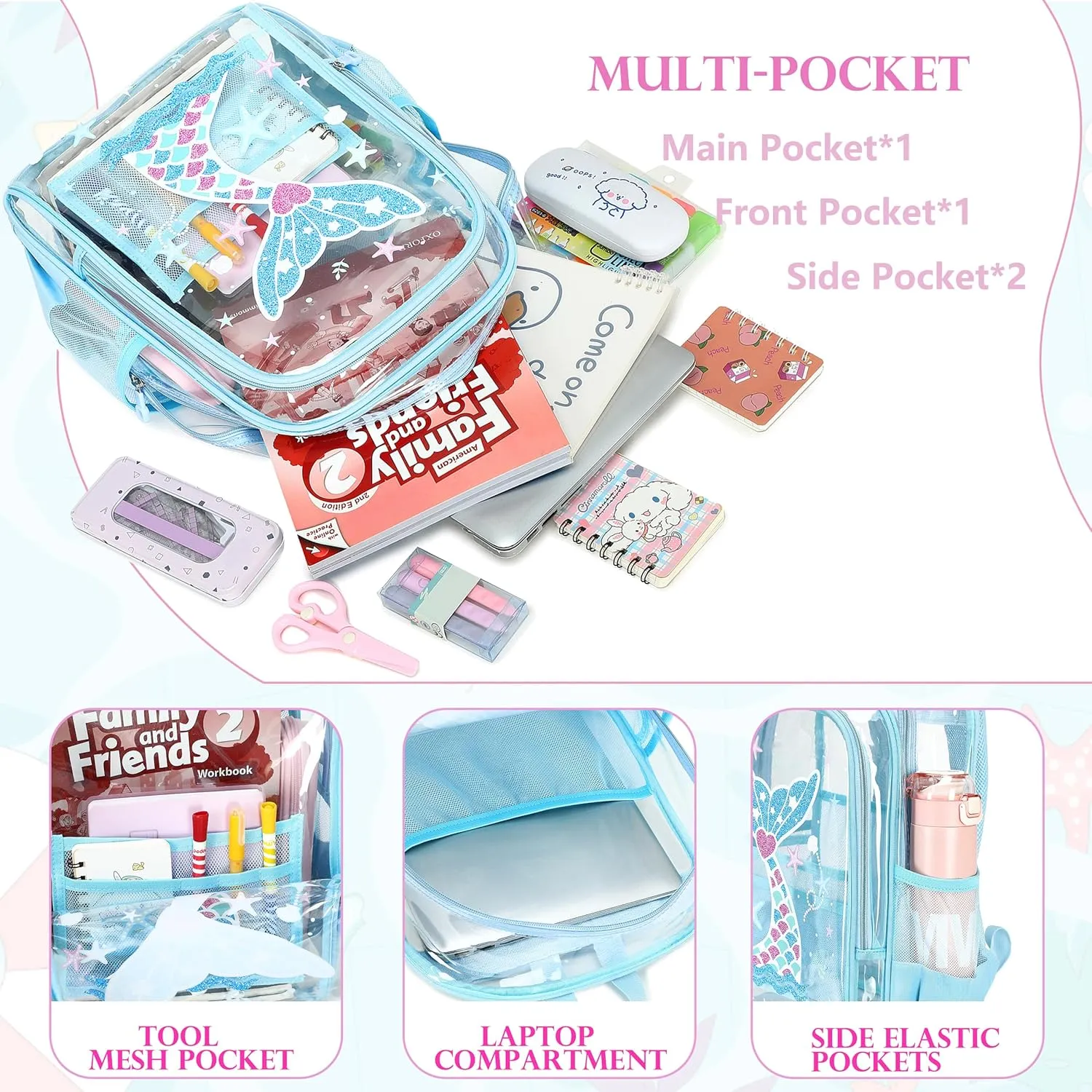 AO ALI VICTORY Clear Backpack for School,PVC Transparent Kids Bookbag for Girls Boys Cute Toddler Back Pack Kindergarten Elementary Schoolbag Stadium Approved See Through Backpacks, Blue Mermaid