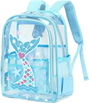 AO ALI VICTORY Clear Backpack for School,PVC Transparent Kids Bookbag for Girls Boys Cute Toddler Back Pack Kindergarten Elementary Schoolbag Stadium Approved See Through Backpacks, Blue Mermaid