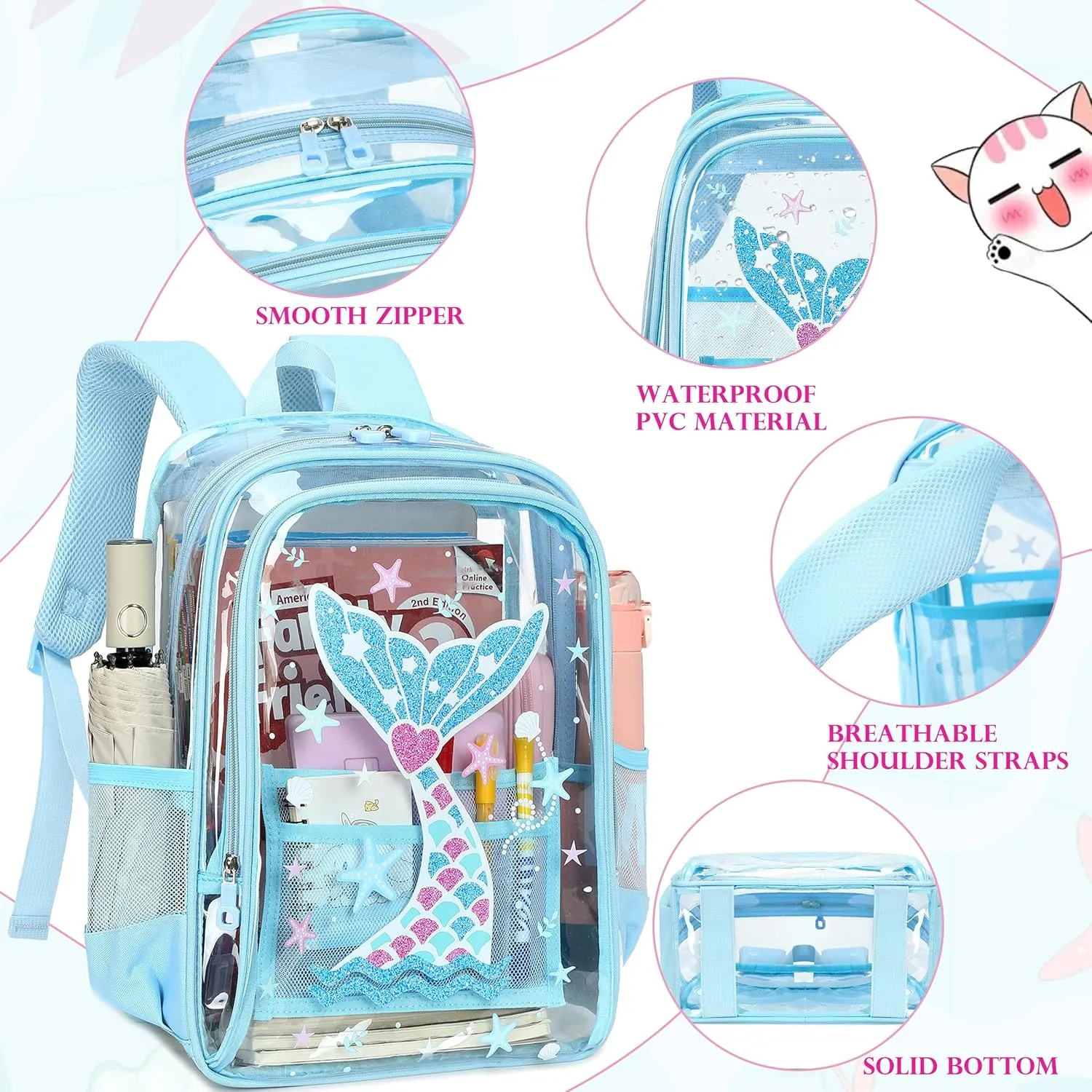 AO ALI VICTORY Clear Backpack for School,PVC Transparent Kids Bookbag for Girls Boys Cute Toddler Back Pack Kindergarten Elementary Schoolbag Stadium Approved See Through Backpacks, Blue Mermaid