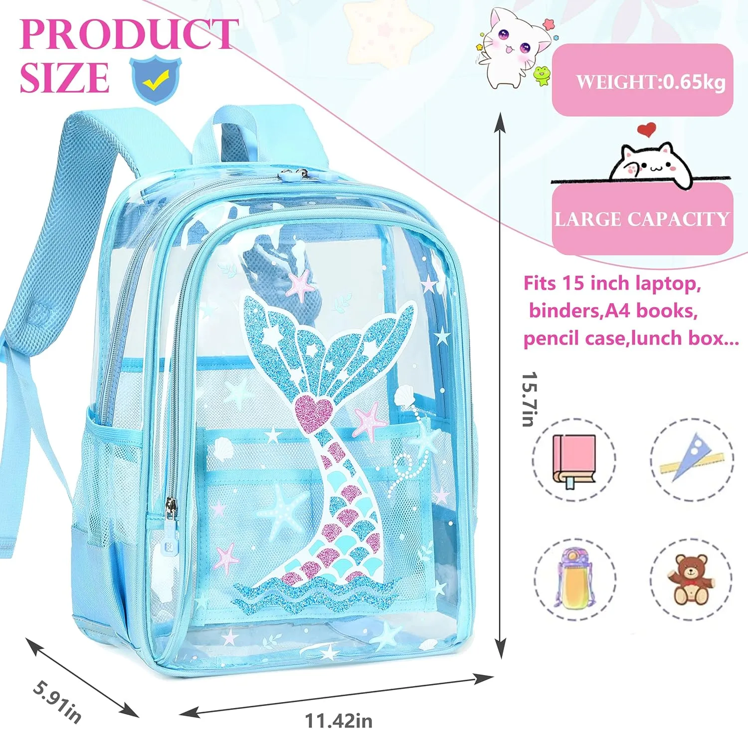 AO ALI VICTORY Clear Backpack for School,PVC Transparent Kids Bookbag for Girls Boys Cute Toddler Back Pack Kindergarten Elementary Schoolbag Stadium Approved See Through Backpacks, Blue Mermaid
