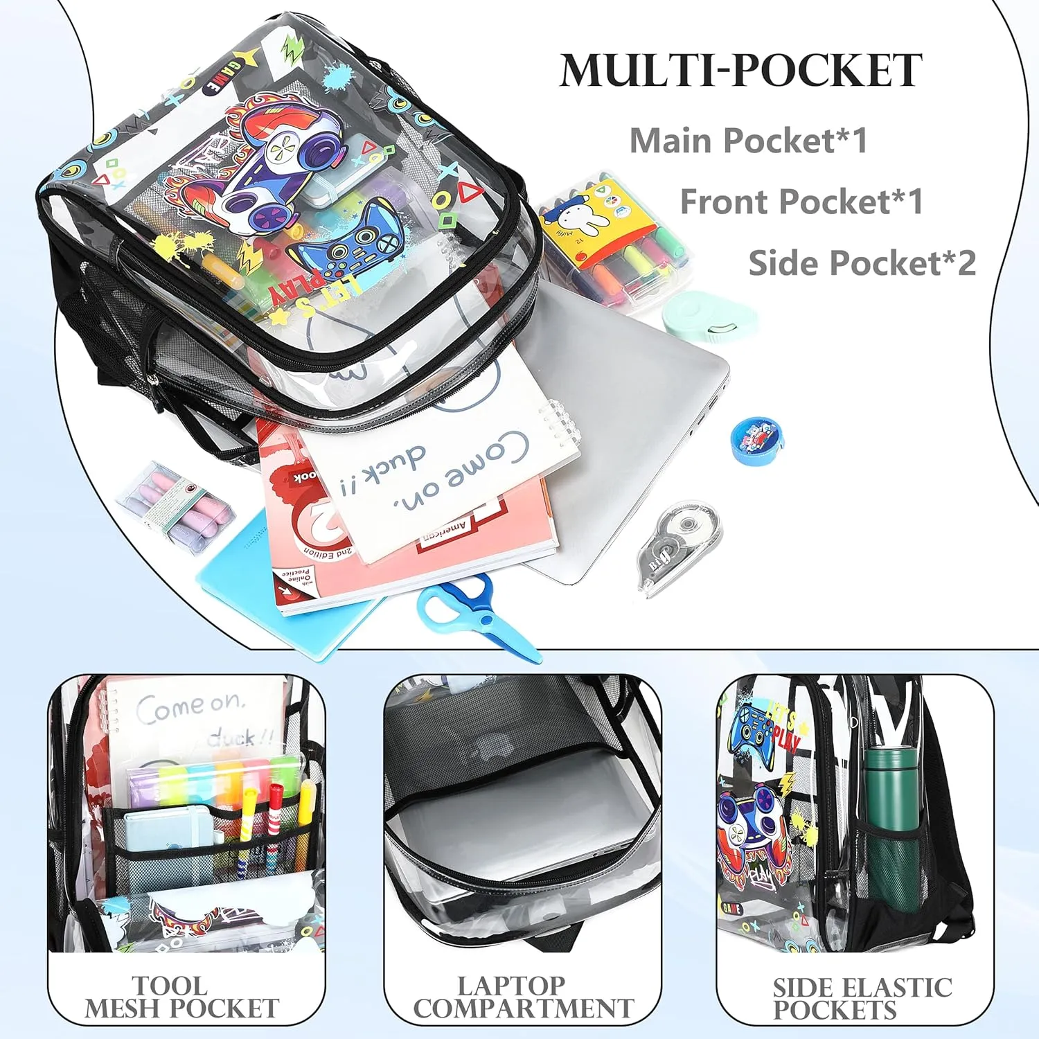 AO ALI VICTORY Clear Backpack for School,PVC Transparent Kids Bookbag for Girls Boys Cute Toddler Back Pack Kindergarten Elementary Schoolbag Stadium Approved See Through Backpacks,Black Gamer