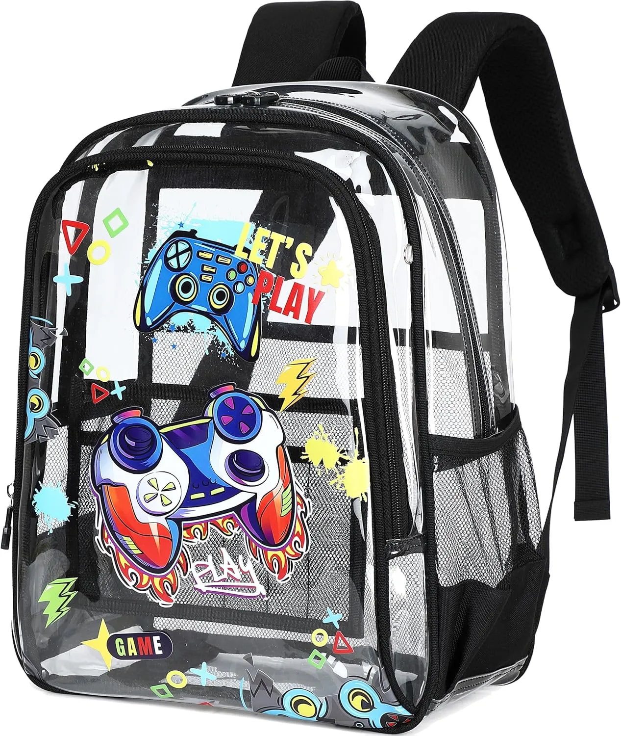 AO ALI VICTORY Clear Backpack for School,PVC Transparent Kids Bookbag for Girls Boys Cute Toddler Back Pack Kindergarten Elementary Schoolbag Stadium Approved See Through Backpacks,Black Gamer