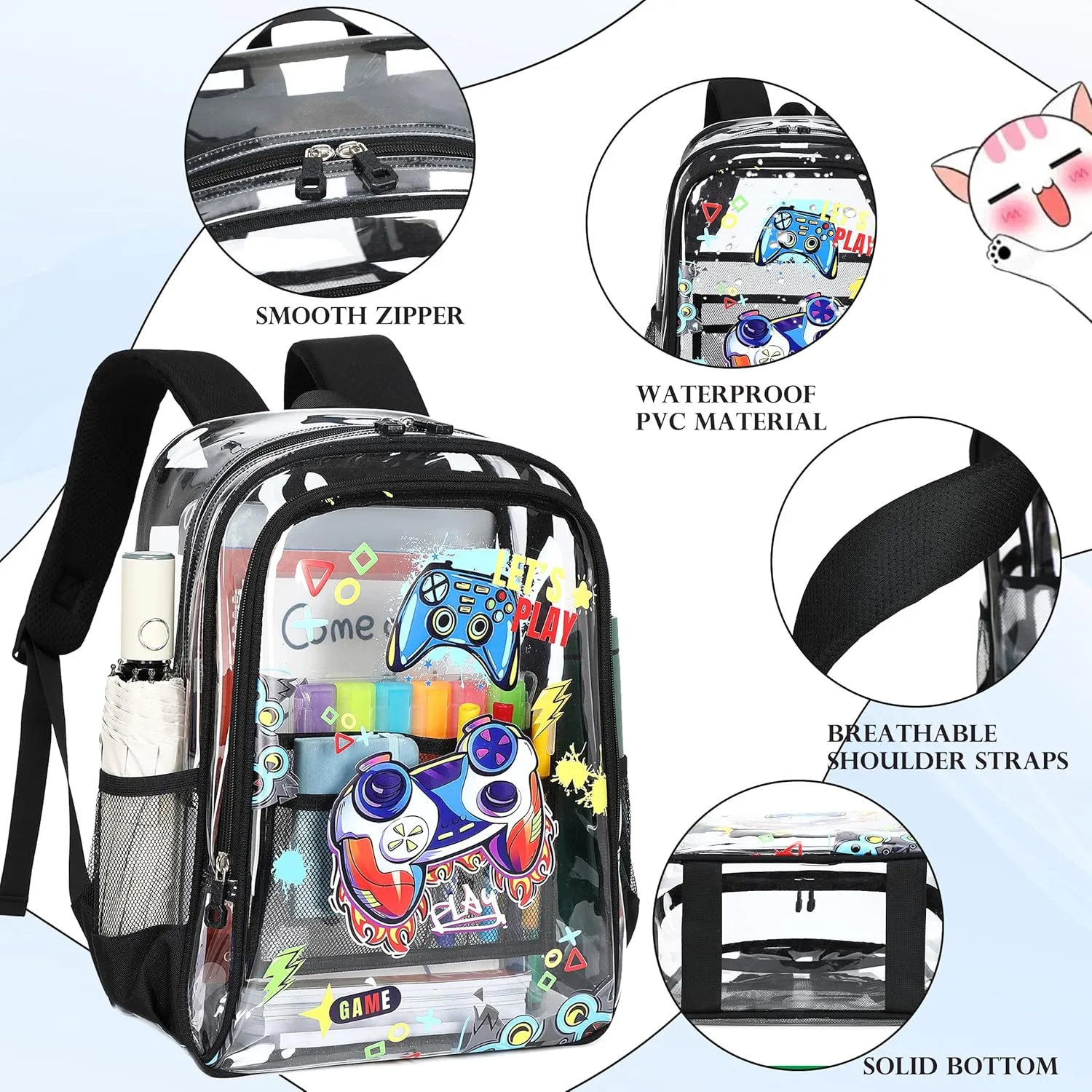 AO ALI VICTORY Clear Backpack for School,PVC Transparent Kids Bookbag for Girls Boys Cute Toddler Back Pack Kindergarten Elementary Schoolbag Stadium Approved See Through Backpacks,Black Gamer