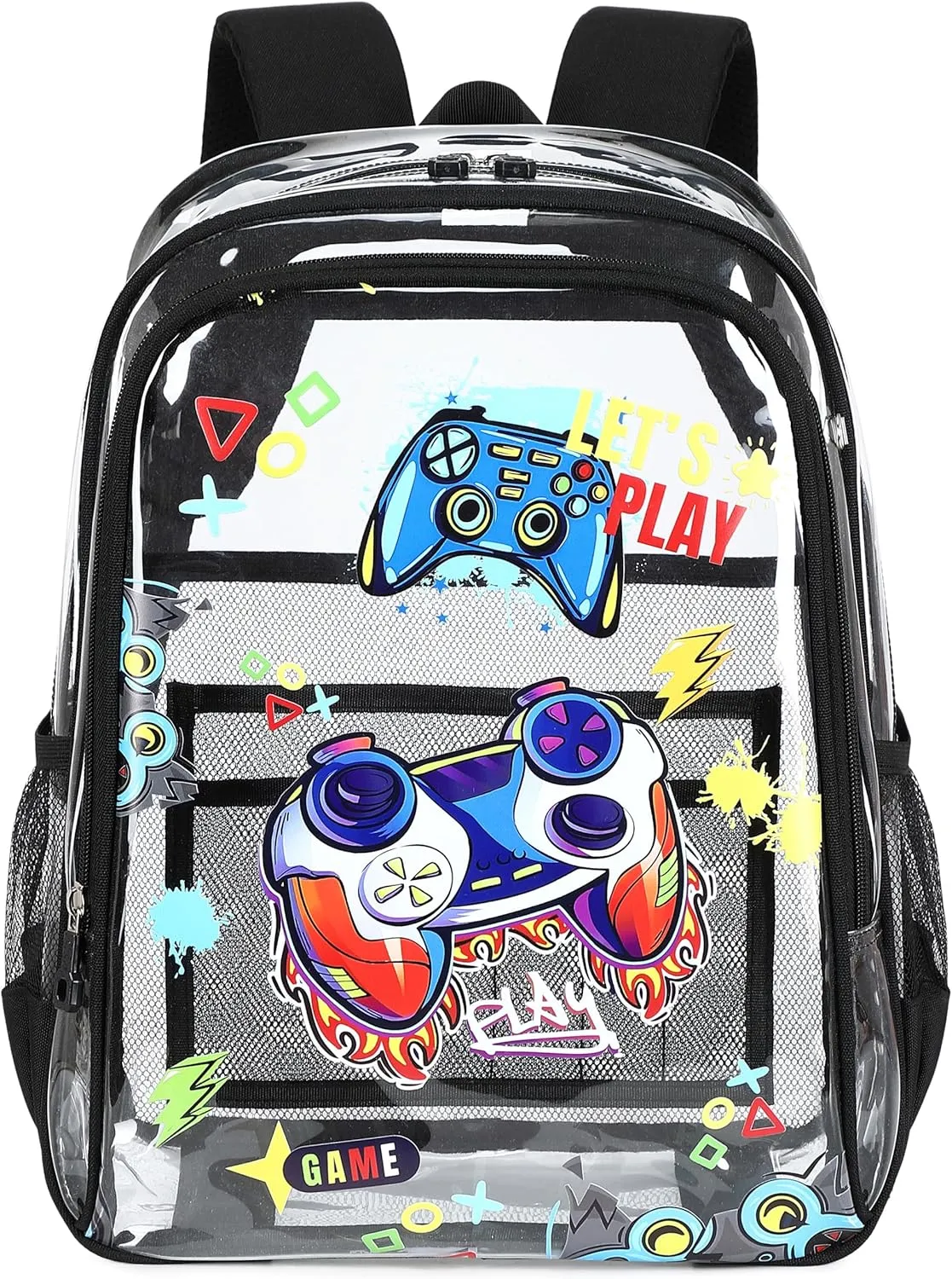 AO ALI VICTORY Clear Backpack for School,PVC Transparent Kids Bookbag for Girls Boys Cute Toddler Back Pack Kindergarten Elementary Schoolbag Stadium Approved See Through Backpacks,Black Gamer