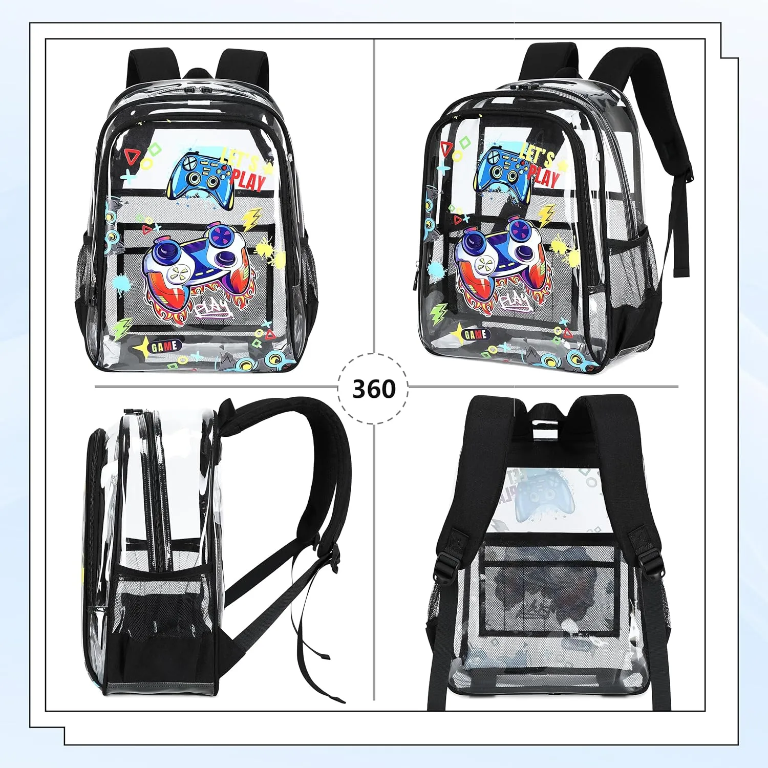 AO ALI VICTORY Clear Backpack for School,PVC Transparent Kids Bookbag for Girls Boys Cute Toddler Back Pack Kindergarten Elementary Schoolbag Stadium Approved See Through Backpacks,Black Gamer