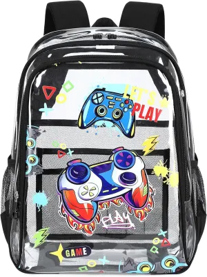 AO ALI VICTORY Clear Backpack for School,PVC Transparent Kids Bookbag for Girls Boys Cute Toddler Back Pack Kindergarten Elementary Schoolbag Stadium Approved See Through Backpacks,Black Gamer