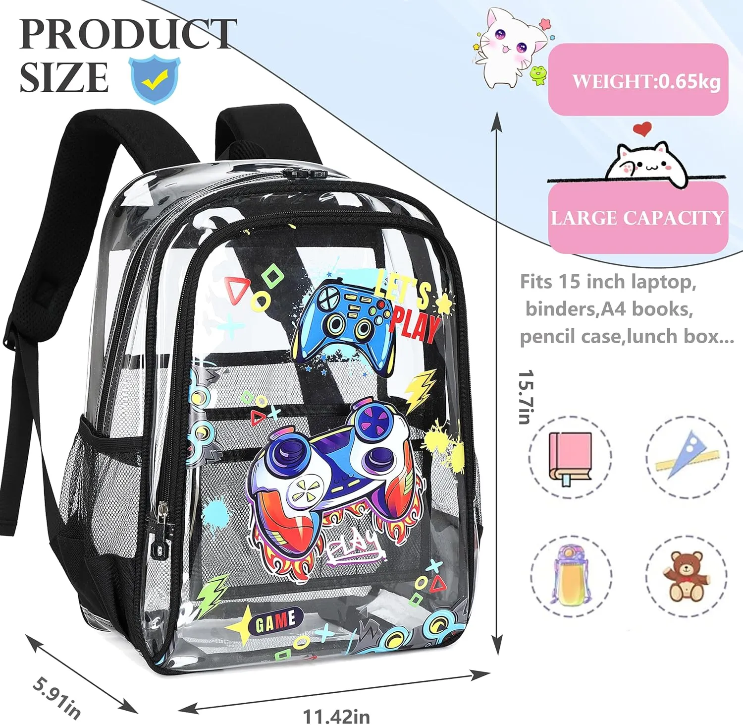 AO ALI VICTORY Clear Backpack for School,PVC Transparent Kids Bookbag for Girls Boys Cute Toddler Back Pack Kindergarten Elementary Schoolbag Stadium Approved See Through Backpacks,Black Gamer