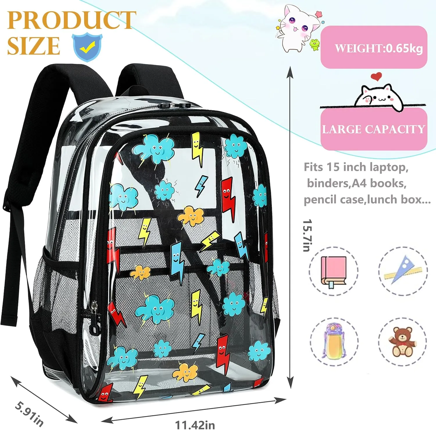 AO ALI VICTORY Clear Backpack for School,PVC Transparent Kids Bookbag for Girls Boys Cute Toddler Back Pack Kindergarten Elementary Schoolbag Stadium Approved See Through Backpacks,Black Lightning