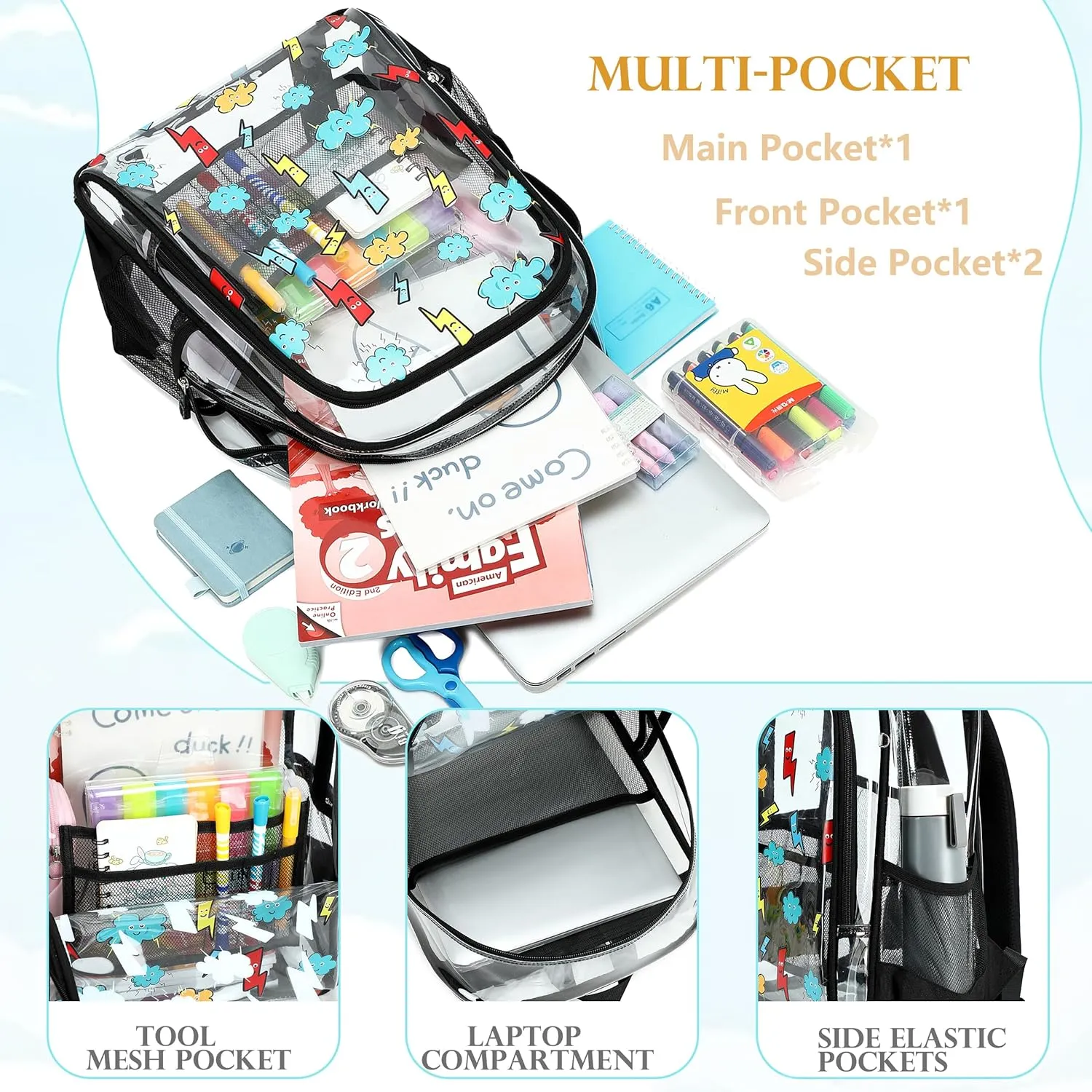 AO ALI VICTORY Clear Backpack for School,PVC Transparent Kids Bookbag for Girls Boys Cute Toddler Back Pack Kindergarten Elementary Schoolbag Stadium Approved See Through Backpacks,Black Lightning