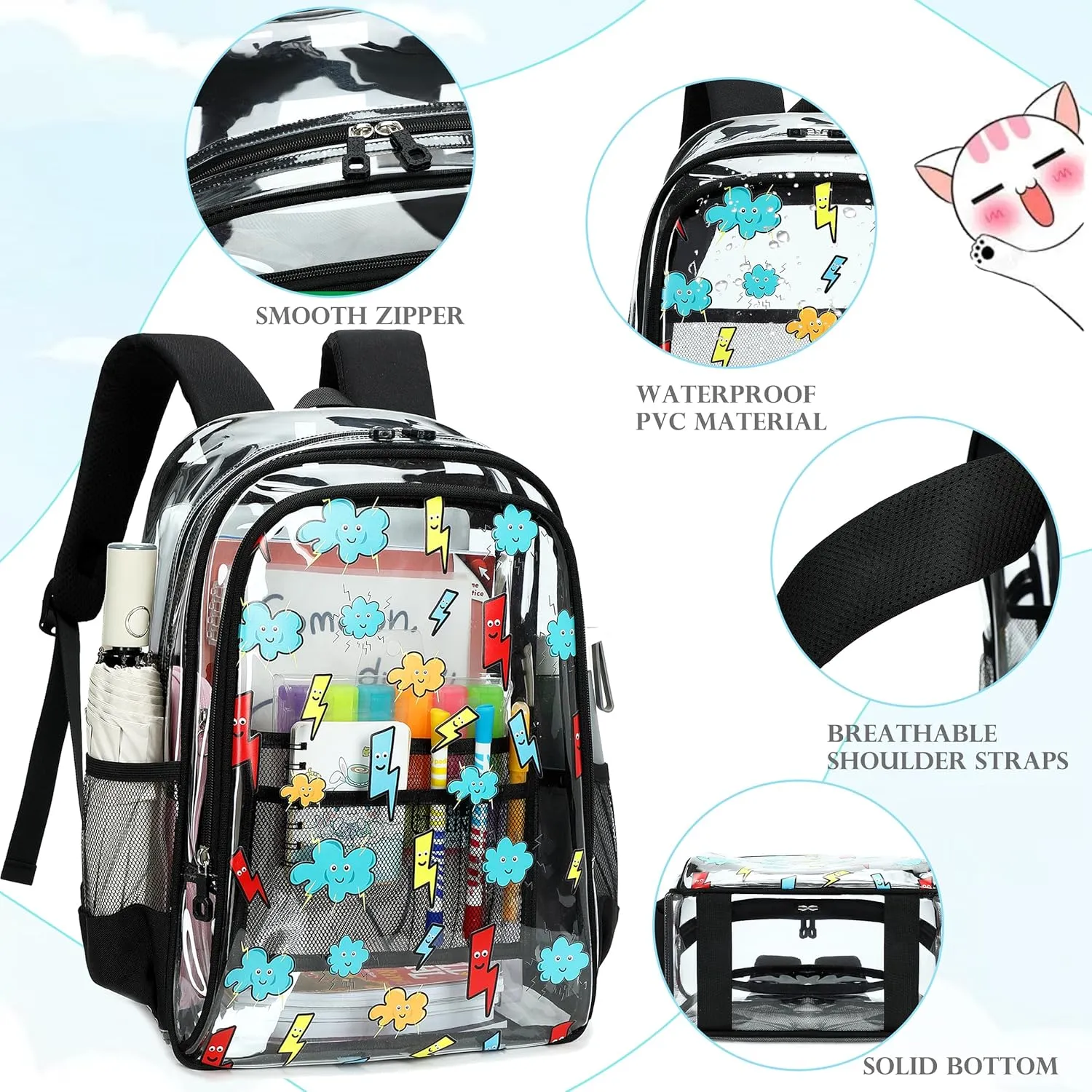 AO ALI VICTORY Clear Backpack for School,PVC Transparent Kids Bookbag for Girls Boys Cute Toddler Back Pack Kindergarten Elementary Schoolbag Stadium Approved See Through Backpacks,Black Lightning