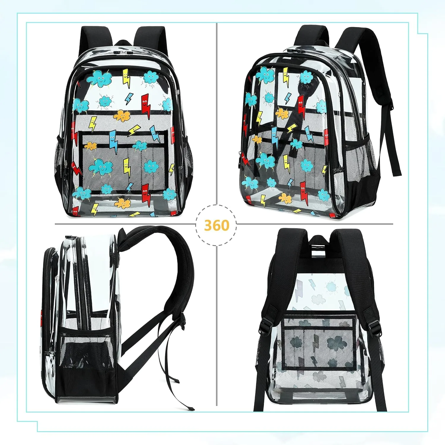 AO ALI VICTORY Clear Backpack for School,PVC Transparent Kids Bookbag for Girls Boys Cute Toddler Back Pack Kindergarten Elementary Schoolbag Stadium Approved See Through Backpacks,Black Lightning