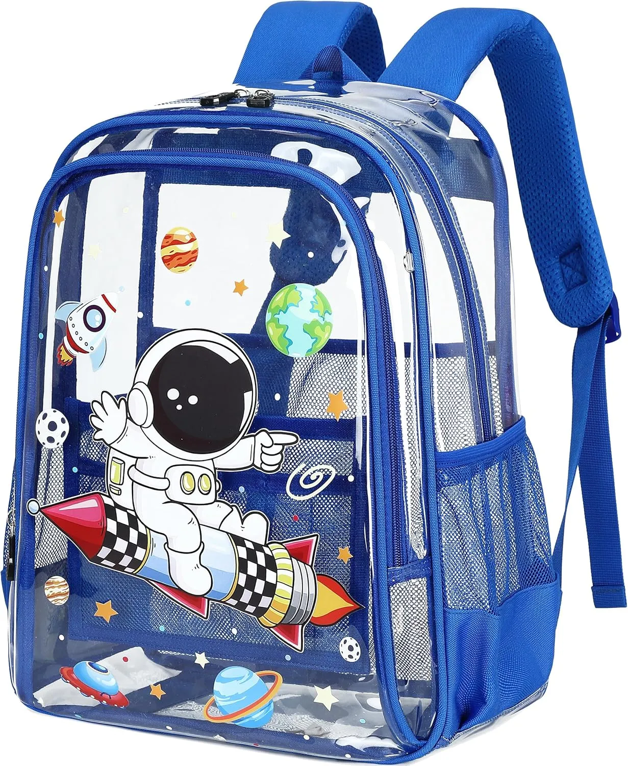 AO ALI VICTORY Clear Backpack for School,PVC Transparent Kids Bookbag for Girls Boys Cute Toddler Back Pack Kindergarten Elementary Schoolbag Stadium Approved See Through Backpacks,Blue Astronaut