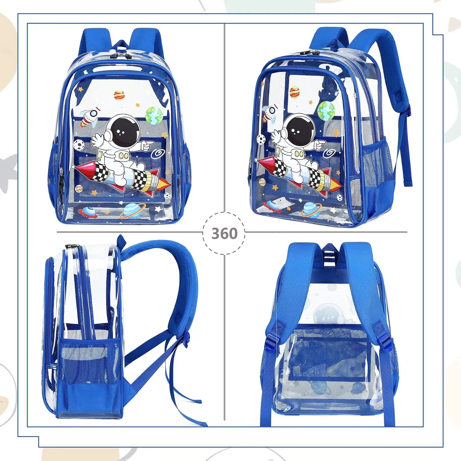 AO ALI VICTORY Clear Backpack for School,PVC Transparent Kids Bookbag for Girls Boys Cute Toddler Back Pack Kindergarten Elementary Schoolbag Stadium Approved See Through Backpacks,Blue Astronaut